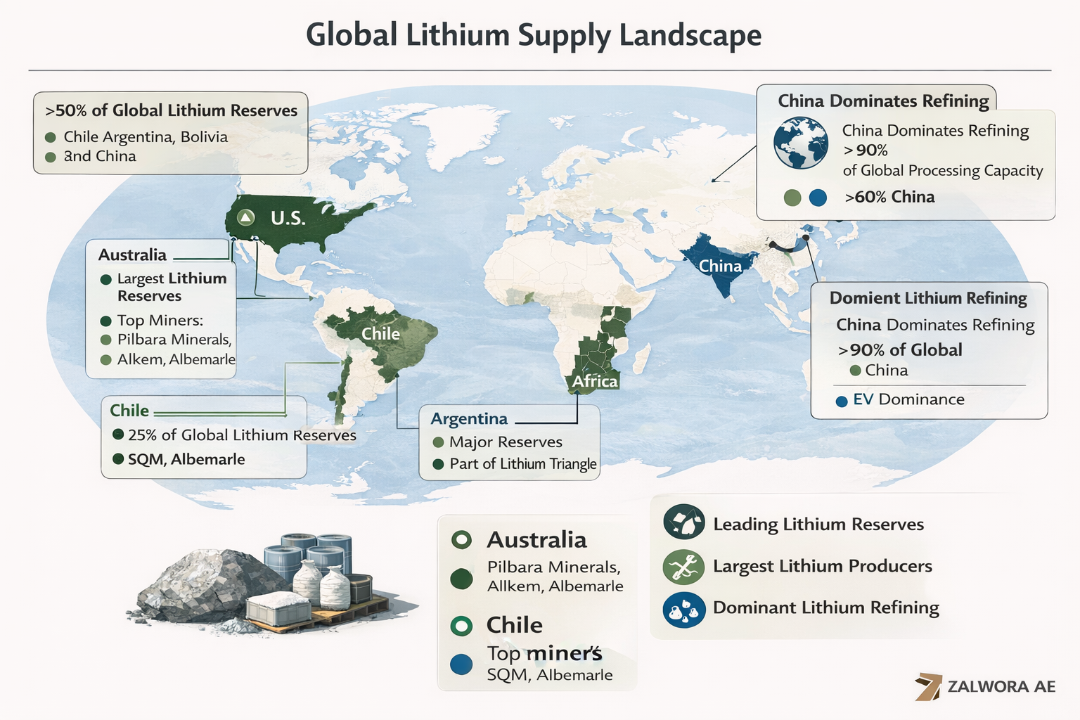 Global lithium supply map infographic showing major producing and refining countries