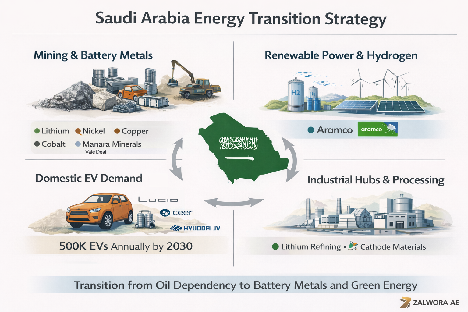 Saudi Arabia energy transition strategy infographic showing battery metals, hydrogen, industrial hubs, and EV demand