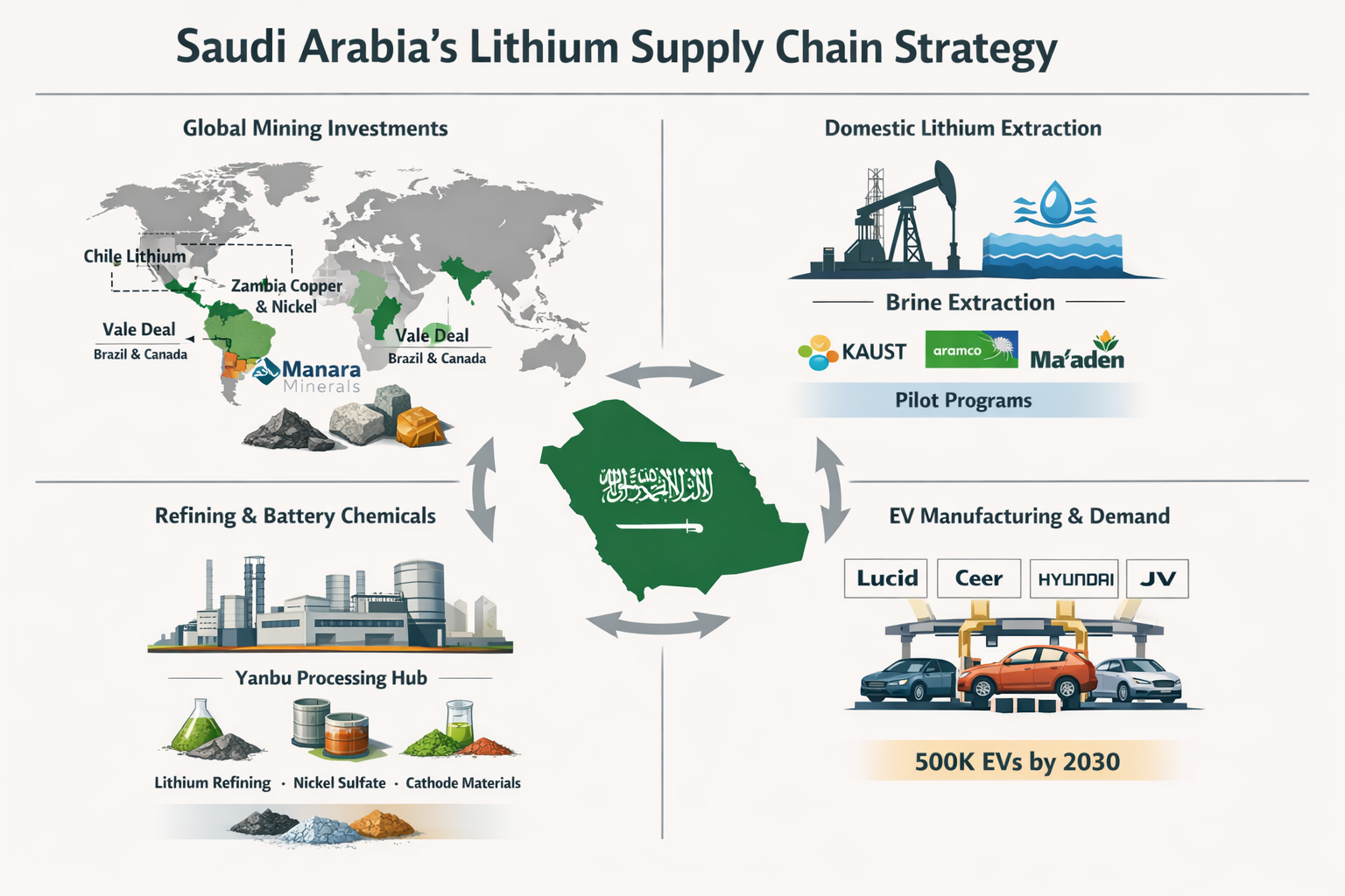 Saudi Arabia lithium supply chain strategy infographic showing upstream mining, domestic extraction, refining hubs, and EV manufacturing
